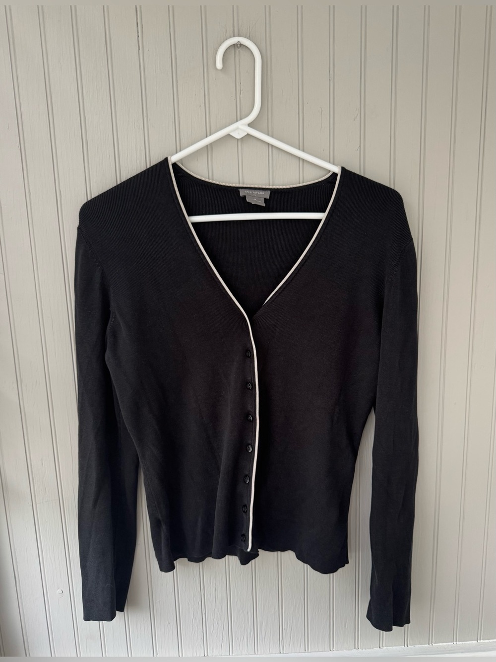 Ann Taylor Women's V-Neck Black Hung t Button Cardigan with Contrast Trim